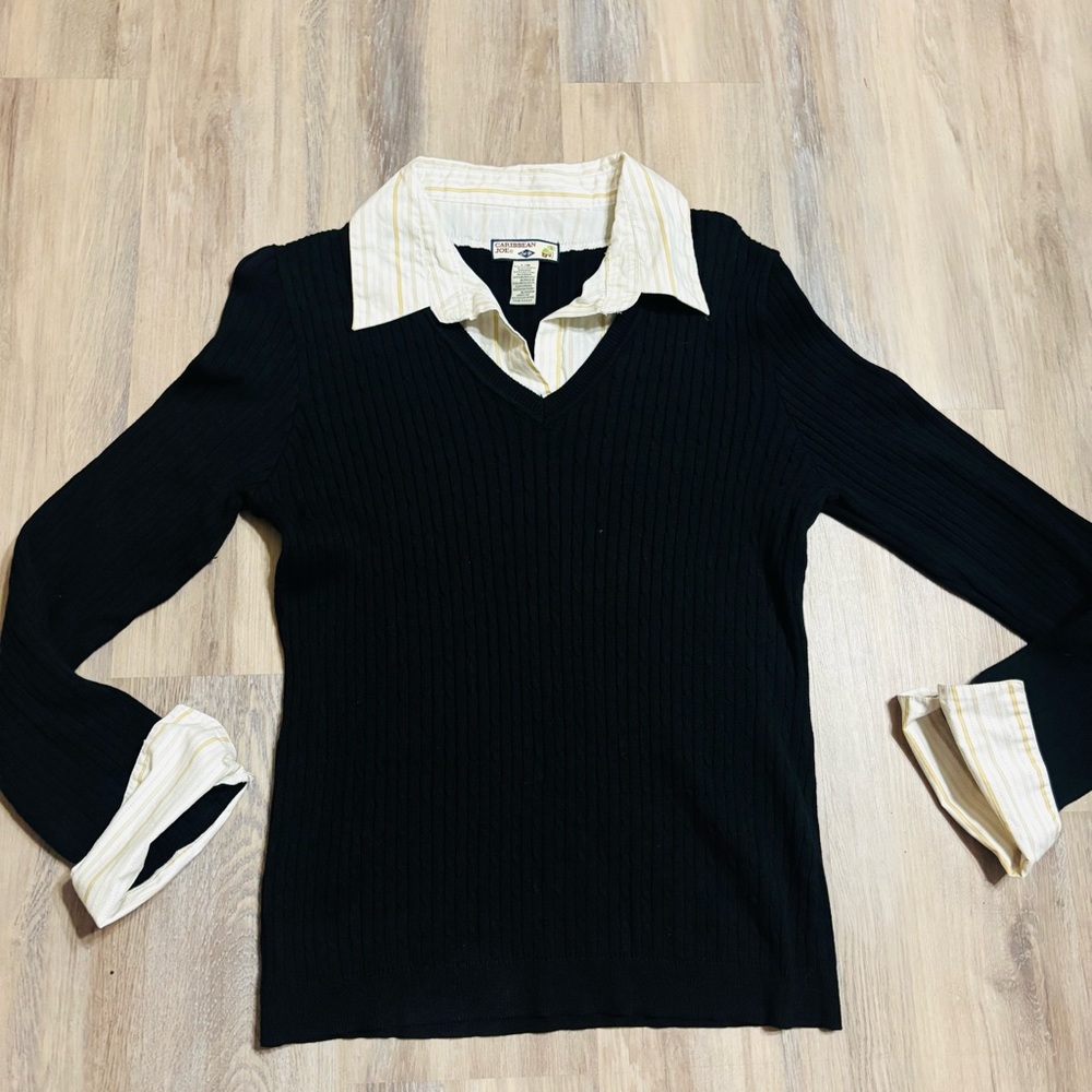 Women’s Collared Ribbed Black Sweater Layered Look Caribbean Joe Size large
